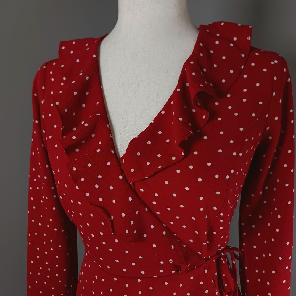 Ruffled Wrap Dress Mini White Poka Dot Burnt Orange Girly Glam Date Night Size M - Picture 3 of 11